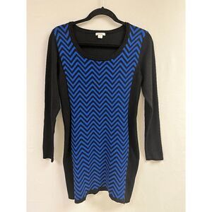 Xhilaration Womens Long Sleeve Ribbed Knit Dress Black Blue Chevron Print Large